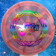 Load image into Gallery viewer, Top-down view of a pre-owned pink and grey Michael Johansen Tour Series Discraft Scorch distance driver disc golf disc in Z Swirl plastic scaled at 174g in 10 out of 10 uninked condition.
