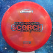 Load image into Gallery viewer, Top-down view of a pre-owned pink Valerie Mandujano Tour Series Discraft Scorch distance driver disc golf disc in Z Swirl plastic scaled at 174g in 9.5 out of 10 uninked condition.
