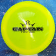 Load image into Gallery viewer, Top-down view of a pre-owned neon yellow First Run Dynamic Discs Captain distance driver disc golf disc in Lucid plastic with black stamp scaled at 174g in 10 out of 10 uninked condition.

