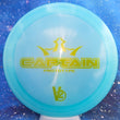 Load image into Gallery viewer, Top-down view of a pre-owned blue Prototype V2 Dynamic Discs Captain distance driver disc golf disc in Lucid plastic with olive gold stamp scaled at 176g in 10 out of 10 uninked condition.

