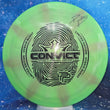 Load image into Gallery viewer, Top-down view of a pre-owned lime green and red limited edition Paige Pierce signed Dynamic Discs Convict fairway driver disc golf disc in Hybrid Burst plastic scaled at 169g in 10 out of 10 uninked bag kept condition.
