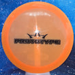 Load image into Gallery viewer, Top-down view of a pre-owned orange Prototype Bar Stamp Dynamic Discs Convict fairway driver disc golf disc in Lucid plastic scaled at 175g in 10 out of 10 uninked bag kept condition.
