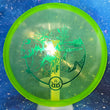Load image into Gallery viewer, Top-down view of a pre-owned lime green Bear custom stamped Dynamic Discs EMAC Judge putter disc golf disc in Lucid plastic scaled at 173g in 10 out of 10 uninked condition.
