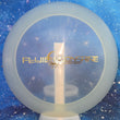 Load image into Gallery viewer, Top-down view of a pre-owned white glow Dynamic Discs Freedom distance driver disc golf disc in Fluid Moonshine Glow plastic with a gold bar stamp scaled at 174g in 10 out of 10 uninked condition.
