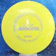 Load image into Gallery viewer, Top-down view of a pre-owned neon yellow Dynamic Discs Justice midrange disc golf disc in BioFuzion plastic scaled at 176g in 9.5 out of 10 uninked condition.
