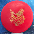 Load image into Gallery viewer, Top-down view of a pre-owned red Chill At The Hill Fox tournament stamped Dynamic Discs Justice midrange disc golf disc in Classic Blend plastic scaled at 173g in 9.5 out of 10 uninked condition.
