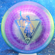 Load image into Gallery viewer, Top-down view of a pre-owned lime, blue, and purple dyed limited edition Dynamic Discs Justice midrange disc golf disc in Lucid-X Glimmer Chameleon plastic scaled at 169g in 10 out of 10 uninked condition.
