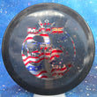 Load image into Gallery viewer, Top-down view of a pre-owned black Eric McCabe USA flag stamped Dynamic Discs Justice midrange disc golf disc in Lucid Metal Flake plastic scaled at 173g in 10 out of 10 uninked condition.
