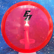Load image into Gallery viewer, Top-down view of a pre-owned red Eric Oakley signed Dynamic Discs Justice midrange disc golf disc in Lucid plastic scaled at 174g in 10 out of 10 uninked condition.
