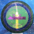 Load image into Gallery viewer, Top-down view of a pre-owned blue and pink Dynamic Discs Justice midrange disc golf disc in Fuzion Orbit plastic scaled at 176g in 10 out of 10 uninked condition.
