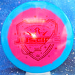 Load image into Gallery viewer, Top-down view of a pre-owned blue and pink Dynamic Discs Justice midrange disc golf disc in Fuzion Orbit plastic scaled at 176g in 10 out of 10 uninked condition.
