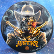 Load image into Gallery viewer, Top-down view of a pre-owned Zombie Cowboy Flyland Brian Allen signed Dynamic Discs Justice midrange disc golf disc in Fuzion DyeMax plastic scaled at 174g in 10 out of 10 uninked condition.
