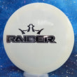 Load image into Gallery viewer, Top-down view of a pre-owned white custom Raider stencil dyed Dynamic Discs Trespass distance driver disc golf disc in Fuzion plastic scaled at 175g in 10 out of 10 uninked condition.
