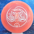 Load image into Gallery viewer, Top-down view of a pre-owned pink Tina Oakley Whale Sak stamped Dynamic Discs Trespass distance driver disc golf disc in Hybrid plastic with white foil stamp scaled at 173g in 10 out of 10 uninked condition.
