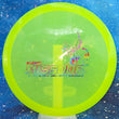 Load image into Gallery viewer, Top-down view of a pre-owned neon yellow 2019 custom stamped Dynamic Discs Verdict midrange disc golf disc in Lucid plastic scaled at 177g in 10 out of 10 uninked condition.
