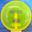 Load image into Gallery viewer, Top-down view of a neon yellow translucent pre-owned Innova Rhyno putt and approach disc golf disc in Champion plastic with a metallic blue foil stock bar stamp.
