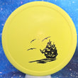 Load image into Gallery viewer, Top-down view of a pre-owned yellow pirate ship custom stamped Factory Second Innova Rhyno putt and approach disc golf disc in R-Pro plastic scaled at 172g in 8.5 out of 10 uninked condition.
