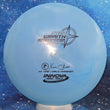 Load image into Gallery viewer, Top-down view of a pre-owned blue swirl 12x Ken Climo Innova Wraith distance driver disc golf disc in Star plastic scaled at 168g in 8 out of 10 uninked condition.
