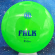 Load image into Gallery viewer, Top-down view of a bright poison green pre-owned Kastaplast Falk fairway driver disc golf disc in K1 Line plastic with a metallic blue foil stock Falk logo stamp.
