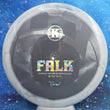 Load image into Gallery viewer, Top-down view of a white and grey swirl pre-owned Kastaplast Falk fairway driver disc golf disc in K1 Grind plastic with a rainbow foil stock Falk logo stamp.
