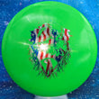 Load image into Gallery viewer, Top-down view of a bright green pre-owned Latitude 64 Claymore midrange disc golf disc, featuring a multi-color patriotic foil Gravity tree roots logo stamp in red, silver stars, and blue.
