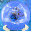 Load image into Gallery viewer, Top-down view of a blue and purple Prodigy D6 distance driver disc golf disc in Reblend plastic with a purple holographic and black two-foil Throwing Astro stamp.
