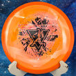 Load image into Gallery viewer, Top-down view of a brand-new orange swirled Prodigy F9 fairway driver disc golf disc in 400 Spectrum plastic with a Throwing Astro special edition 2-foil stamp.
