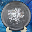 Load image into Gallery viewer, Top-down view of a black Prodigy PX3 putt and approach disc golf disc in 300 Soft plastic featuring an oil slick and white 2-foil Throwing Astro stamp.
