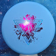 Load image into Gallery viewer, Top-down view of a brand new blue Prodigy Special Edition Neon Astro P Model S putter disc golf disc in BaseGrip plastic featuring a pink and blue holographic foil stamp.
