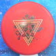 Load image into Gallery viewer, Top-down view of a brand new red Prodigy Special Edition Neon Astro P Model S putter disc golf disc in BaseGrip plastic featuring a gold shatter and black circles foil stamp.
