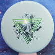 Load image into Gallery viewer, Top-down view of a brand new teal Prodigy Special Edition Neon Astro P Model S putter disc golf disc in BaseGrip plastic featuring a green shatter and blue holographic foil stamp.
