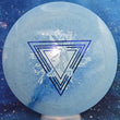 Load image into Gallery viewer, Top-down view of a brand new blue swirl Prodigy Special Edition Throwing Astro D2 distance driver disc golf disc in Reblend plastic featuring a blue and blue holographic foil stamp.
