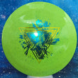 Load image into Gallery viewer, Top-down view of a brand new green Prodigy Special Edition Throwing Astro D2 distance driver disc golf disc in Reblend plastic featuring an olive and blue holographic foil stamp.
