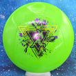 Load image into Gallery viewer, Top-down view of a brand new neon lime Prodigy Special Edition Throwing Astro F9 fairway driver disc golf disc in 400 plastic featuring a green and purple holographic foil stamp.
