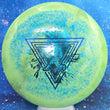 Load image into Gallery viewer, Top-down view of a brand new lime and blue swirl Prodigy Special Edition Throwing Astro H6 hybrid driver disc golf disc in 400 Spectrum plastic featuring a blue and teal holographic foil stamp.
