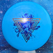 Load image into Gallery viewer, Top-down view of a brand new blue Prodigy Special Edition Throwing Astro PA-3 putter disc golf disc in 300 Soft plastic featuring an orange and blue holographic foil stamp.
