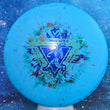 Load image into Gallery viewer, Top-down view of a brand new blue, green, and red fractal Prodigy Special Edition Throwing Astro PA-3 putter disc golf disc in Fractal 300 Firm plastic featuring a green and blue holographic foil stamp.
