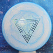 Load image into Gallery viewer, Top-down view of a brand new blue and white swirl Prodigy Special Edition Throwing Astro PA-3 putter disc golf disc in 300 Soft plastic featuring a blue and blue holographic foil stamp.
