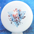 Load image into Gallery viewer, Top-down view of a brand new white and light blue swirl Prodigy Special Edition Throwing Astro PA-3 putter disc golf disc in 300 Soft plastic featuring a blue shatter and American flag holographic foil stamp.
