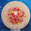 Load image into Gallery viewer, Top-down view of a brand new white, red, and yellow fractal Prodigy Special Edition Throwing Astro PA-3 putter disc golf disc in Fractal 300 Firm plastic featuring a gold shatter and red matte foil stamp.
