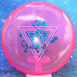 Load image into Gallery viewer, Top-down view of a brand new pink Prodigy Special Edition Throwing Astro PA-5 putter disc golf disc in 400 plastic featuring a pink and blue leopard print foil stamp.
