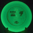Load image into Gallery viewer, Top-down glowing view of a Streamline Range putt and approach disc golf disc in Eclipse Glow plastic showing the green phosphorescent glow and stock stamp.
