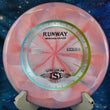 Load image into Gallery viewer, Top-down view of a pink swirled Streamline Runway midrange disc golf disc in Cosmic Neutron plastic featuring a tri-foil stock Runway stamp.
