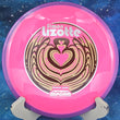 Load image into Gallery viewer, Top view of a Neon Pink Axiom Bokeh Simon Lizotte Team Series fairway driver in Neutron plastic with a Purple Swirl GYRO rim, featuring a Gold, Brown, and Silver Holo tri-foil "Bokeh Latte" stamp, 175g, 10/10 condition.
