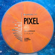 Load image into Gallery viewer, New Blue Swirl Rim with Orange Cosmic Core Axiom Discs Pixel from the Simon Line in Cosmic Electron Plastic - Silver and Black Stamp - 174g.
