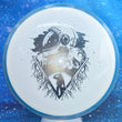 Load image into Gallery viewer, Blue Swirl Rim and White Neutron Plastic Axiom Simon Line Bokeh Unearthed Stamp - 172g - Dark Stars Stamp.
