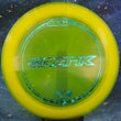 Load image into Gallery viewer, Neon Yellow Discraft Crank distance driver in premium Z Line plastic featuring a green clovers foil stamp.

