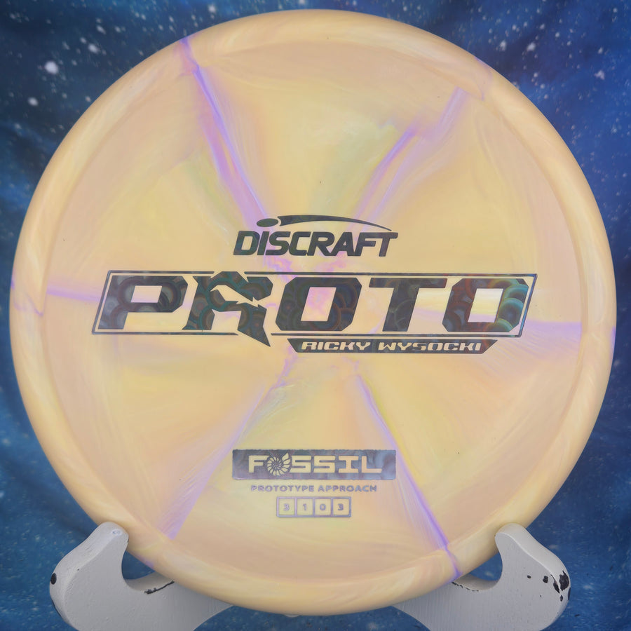 Discraft Proto Fossil Ricky Wysocki disc golf disc with a space-themed background