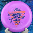 Load image into Gallery viewer, Top view of a Purple Innova JK Pro Aviar putter featuring a Neon Orange and Navy Blue 2-foil "Neon Astro" Special Edition astronaut stamp on a cosmic blue background.
