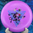 Load image into Gallery viewer, Top view of a Purple Innova JK Pro Aviar putter featuring a Teal and Rainbow 2-foil "Neon Astro" Special Edition astronaut stamp on a cosmic blue background.
